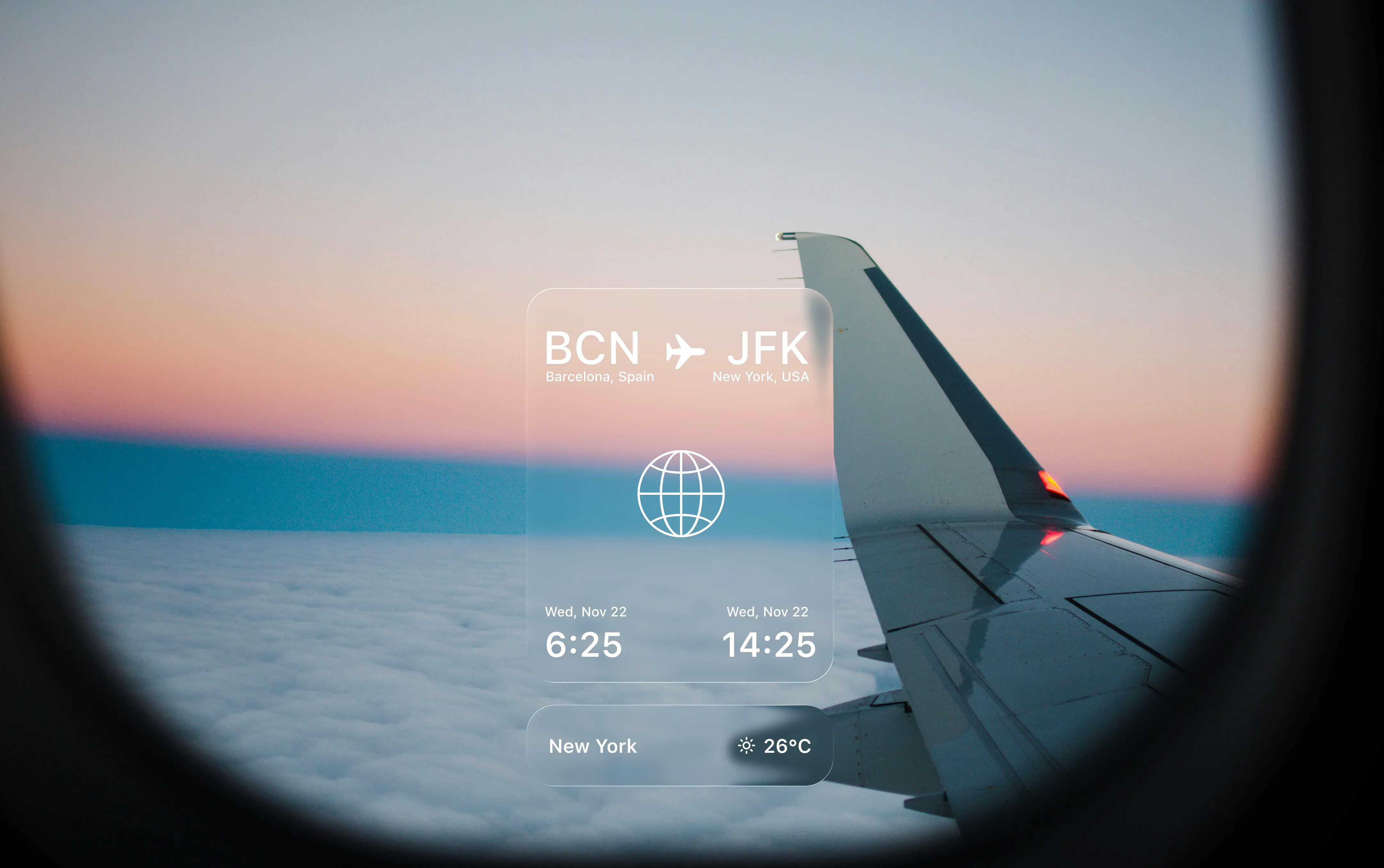 Airplane wing view from window during sunset with flight information overlay showing route from Barcelona to New York