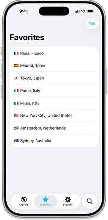 Favorites screen showing a list of saved destinations including Paris, Madrid, Tokyo, Rome, Milan, New York City, Amsterdam, and Sydney