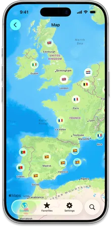 Interactive map view with pins marking destinations across Europe and other regions