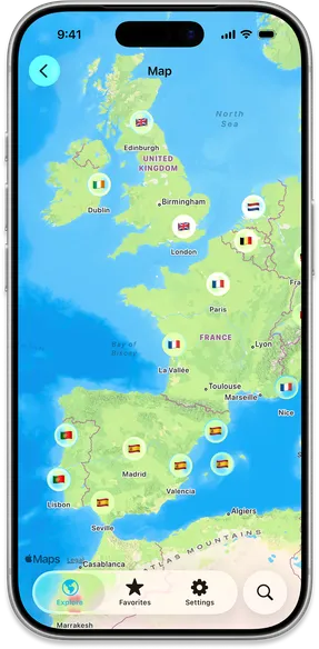 Interactive map view with pins marking destinations across Europe and other regions