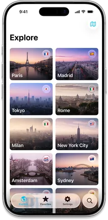 Explore screen displaying a grid of destination cards with beautiful city photos and country flags