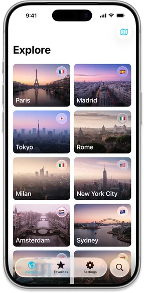 Explore screen displaying a grid of destination cards with beautiful city photos and country flags